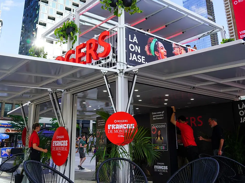 Rogers activation structure with branded canopy in Montreal