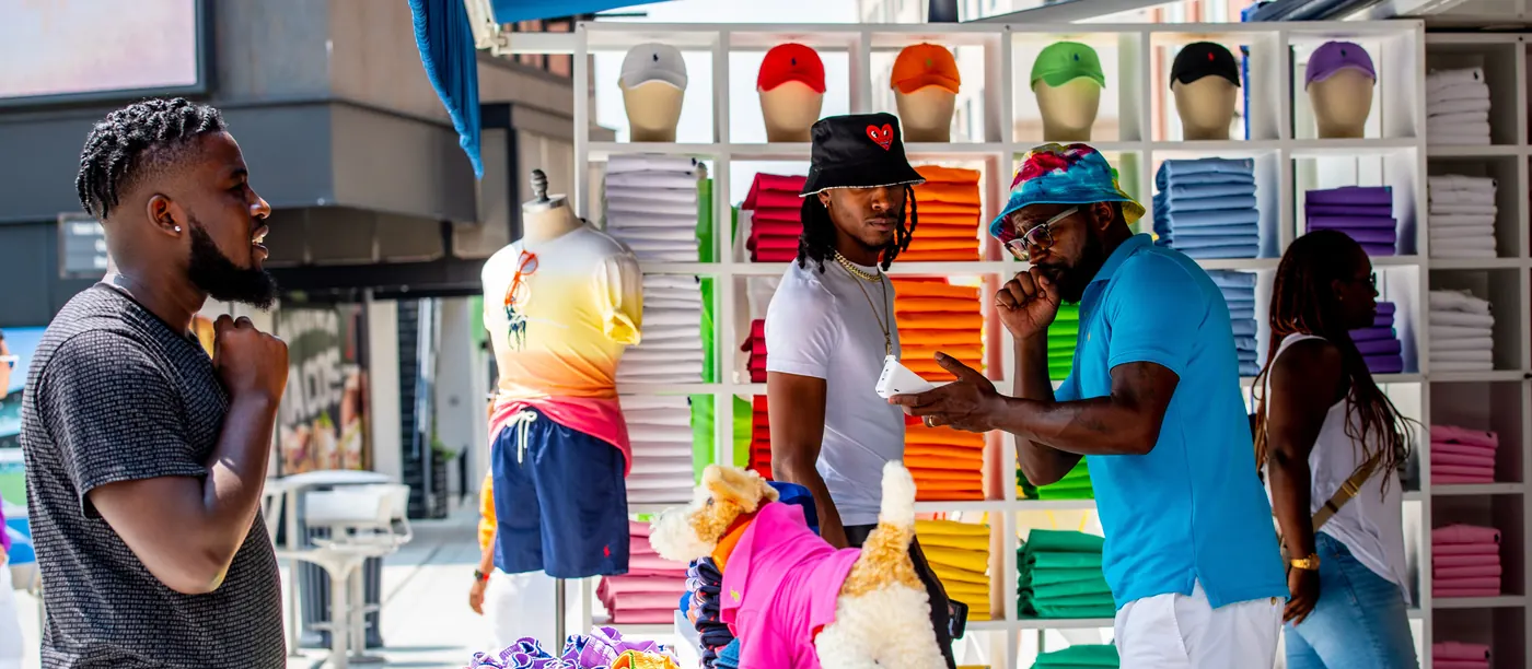 Polo Ralph Lauren pop-up retail unit with shoppers under the awning